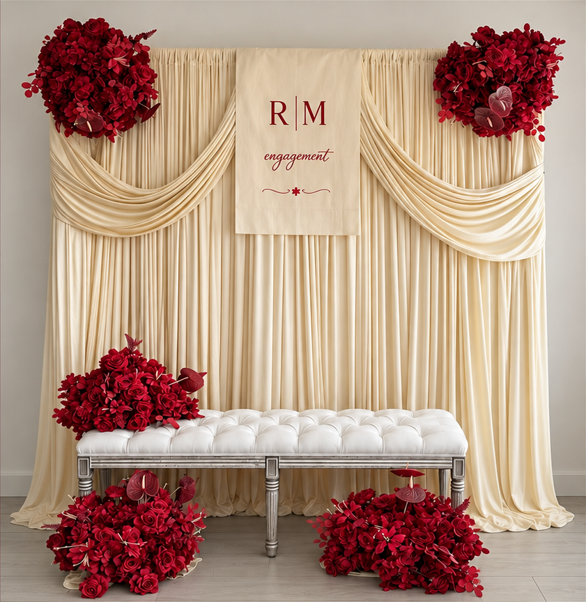 Ruby draping with a personalised fabric banner, bench and flower centrepieces